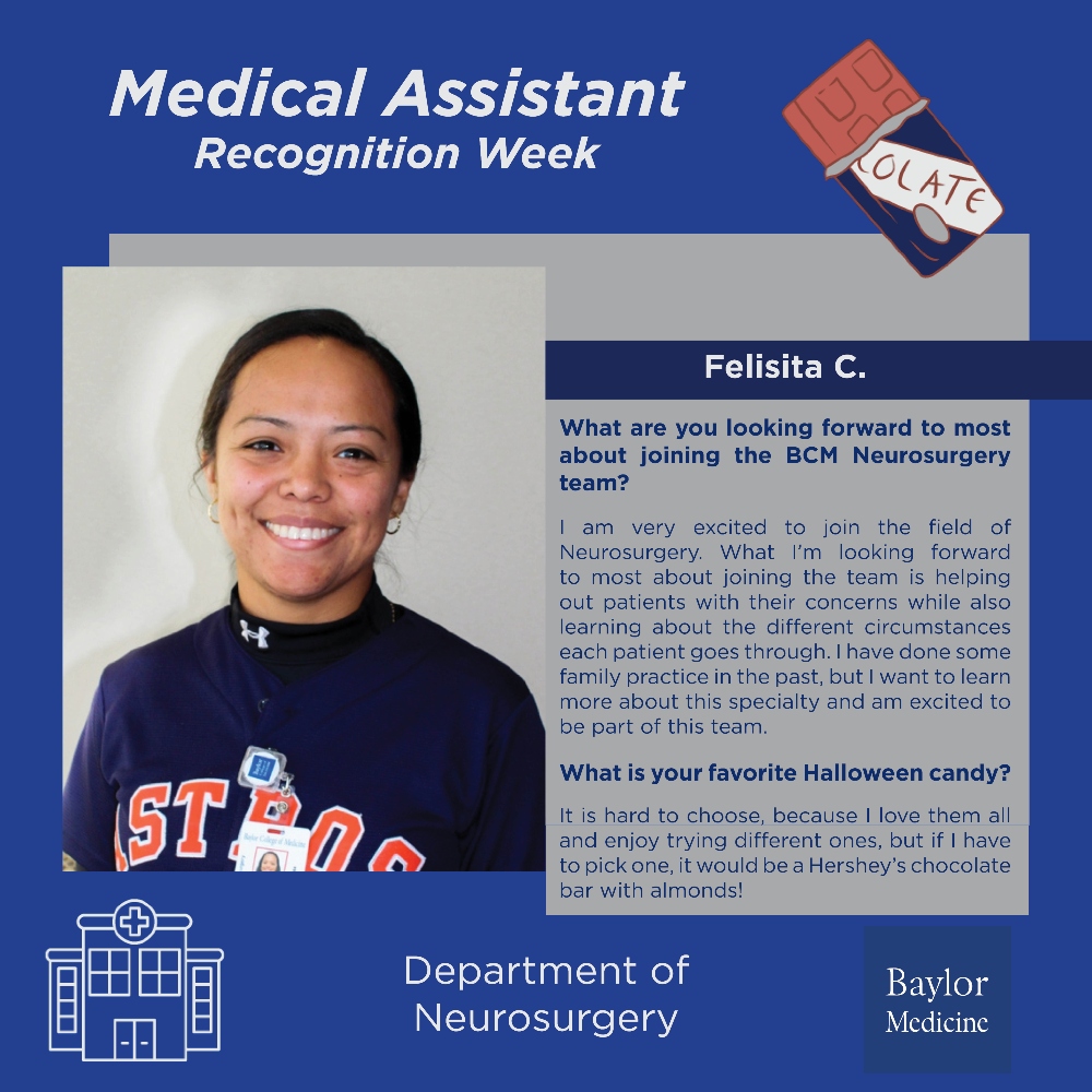 BCMNeurosurgery's tweet image. Did you know that it&apos;s #MedicalAssistantRecognitionWeek? We&apos;re celebrating our #medicalassistants for the crucial role they play here at #BCMNeurosurgery and for their dedication to our patients! 

Meet our wonderful team 🧵