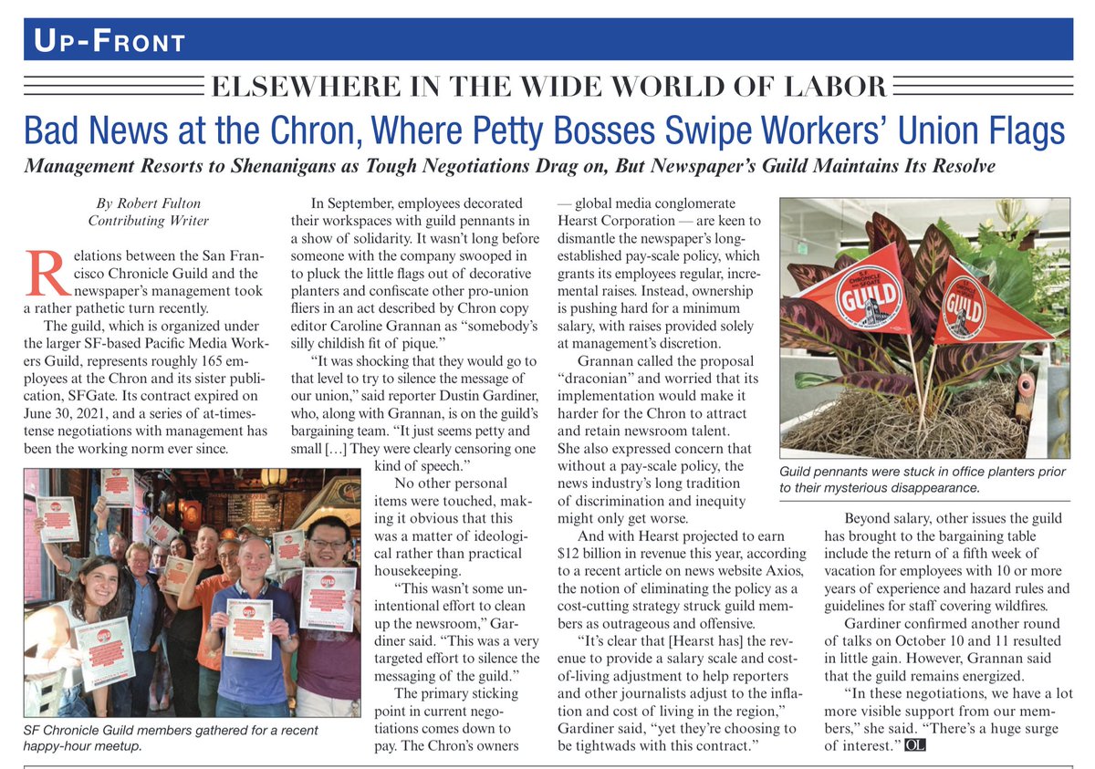 San Francisco Chronicle Guild in the news! 📰 Our unit was featured in the October edition of @TradesSf's Organized Labor publication, highlighting the company's removal of our guild flags from the newsroom with great quotes from our unit leader @Caroline94127 #UnionStrong ✊