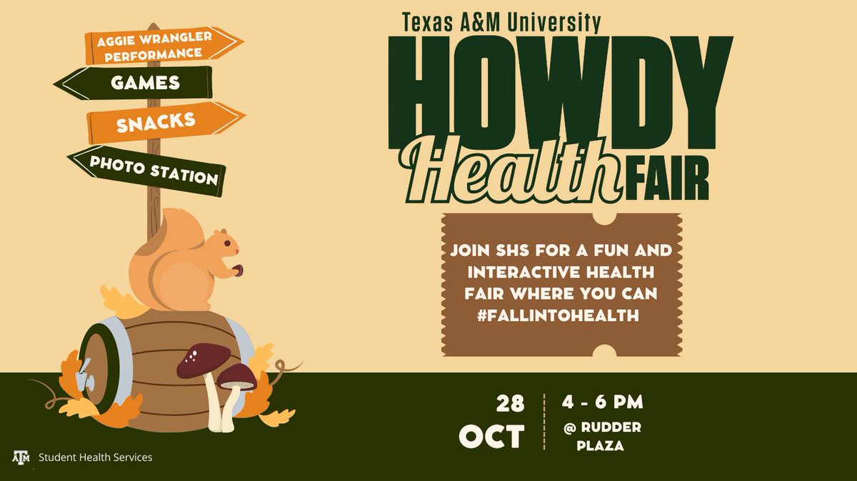 tamuUHS's tweet photo. #fallintohealth at the #howdyhealthfair on October 28th! Enjoy a special performance by the Aggie Wranglers and get free swag! https://t.co/04bBqiMBdT