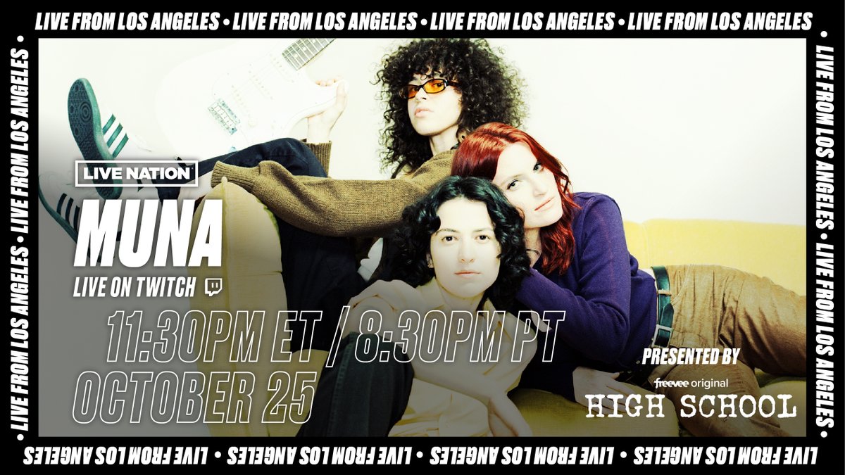 .@whereisMUNA is performing live right now on Twitch, presented by @AmazonFreevee's new Original series High School! Watch here twitch.tv/livenation!