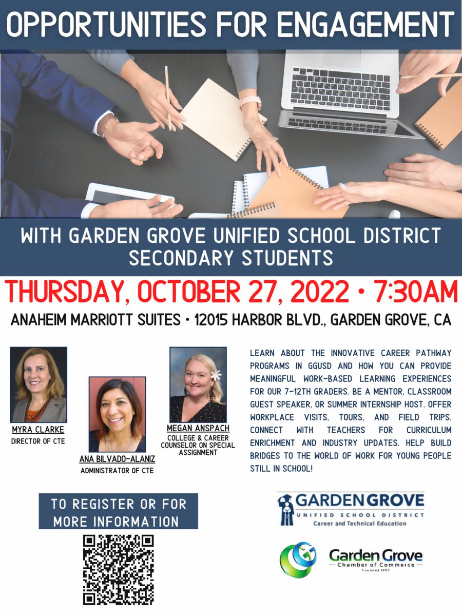 Join us for our Business &amp;amp; Education Breakfast Meeting

TOPIC: Opportunities for Engagement with Garden Grove USD secondary students.
Learn about the innovative Career Pathway programs in GGUSD and how you can provide meaningful work-based learning experiences for our 7-12th