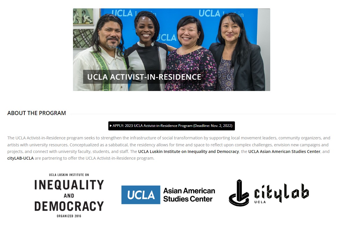 CALL FOR APPS>>In partnership w/@uclaaasc & @cityLABucla, the 2023 #UCLA Activist-in-Residence will welcome 4 individuals to be part of this year's cohort. Spread the word to LA-based movement leaders, community organizers, & artists. Deadline: Nov. 2nd>> challengeinequality.luskin.ucla.edu/activist-in-re…