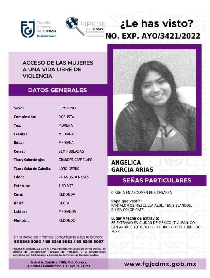 #TeBuscamos 
Angélica García Arias 
26 años #Desap 17/10/22
En #Alcaldía #Tlalpan #CDMX RT <a href="/ObsCiudTlalpan/">Obs Ciud Tlalpan</a> @promoviendodh <a href="/TlalpanPT/">PT Tlalpan</a> <a href="/TlalpanVecinos/">Tlalpan Vecinos</a> <a href="/AmorXTlalpan/">Tlalpan Combativo</a> <a href="/TlalpanCivico/">TlalpanCívico </a> <a href="/CESACT/">CESAC Tlalpan</a> <a href="/Pake_te_enteres/">Tlalpan Me gusta</a> <a href="/TlalpanConscien/">Tlalpan Consciente</a> <a href="/AjuscoTlalpan/">Zona Ajusco Tlalpan</a> <a href="/TlalpanAl/">Alcaldía Tlalpan</a> <a href="/Ayudame_aayudar/">Ayúdame a Ayudar</a> <a href="/ManoAmiga_UxMx/">FRECUENCIA INFORMATIVA SIN FRONTERAS</a>