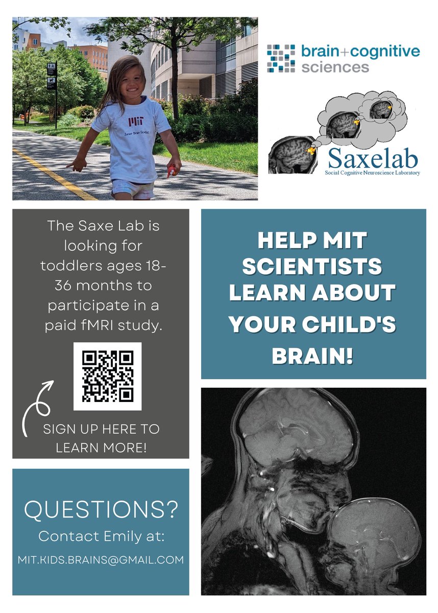 HalieOlson's tweet image. If you have a toddler and would be interested in getting a picture of their brain, consider participating in my study @MIT w/ @rebecca_saxe and help us learn how toddlers’ brains process language! 🧠 Sign up link: bit.ly/mitkidsbrains
@mitbrainandcog and @mcgovernmit