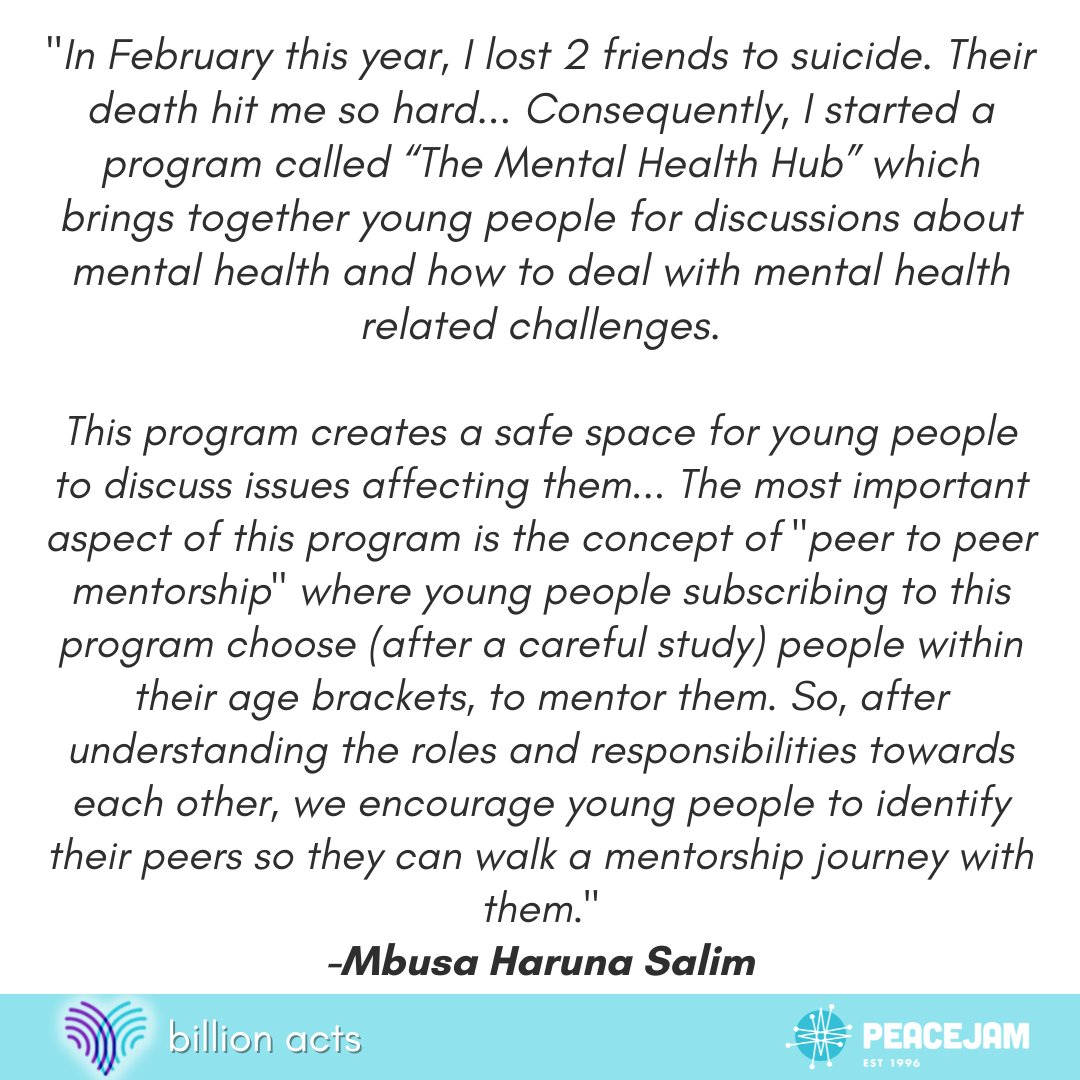 PeaceJam's tweet photo. Featured this week on Billion Acts, Mbusa Haruna Salim is working to create a community of peer-to-peer support around mental health challenges in Uganda. 

Issue-Area - Global Health 🌏 &amp; Wellness 🏥

#featuredfridays  #Billionacts  #peacejam #uganda #mentalhealth https://t.co/eKw8NmqLWZ