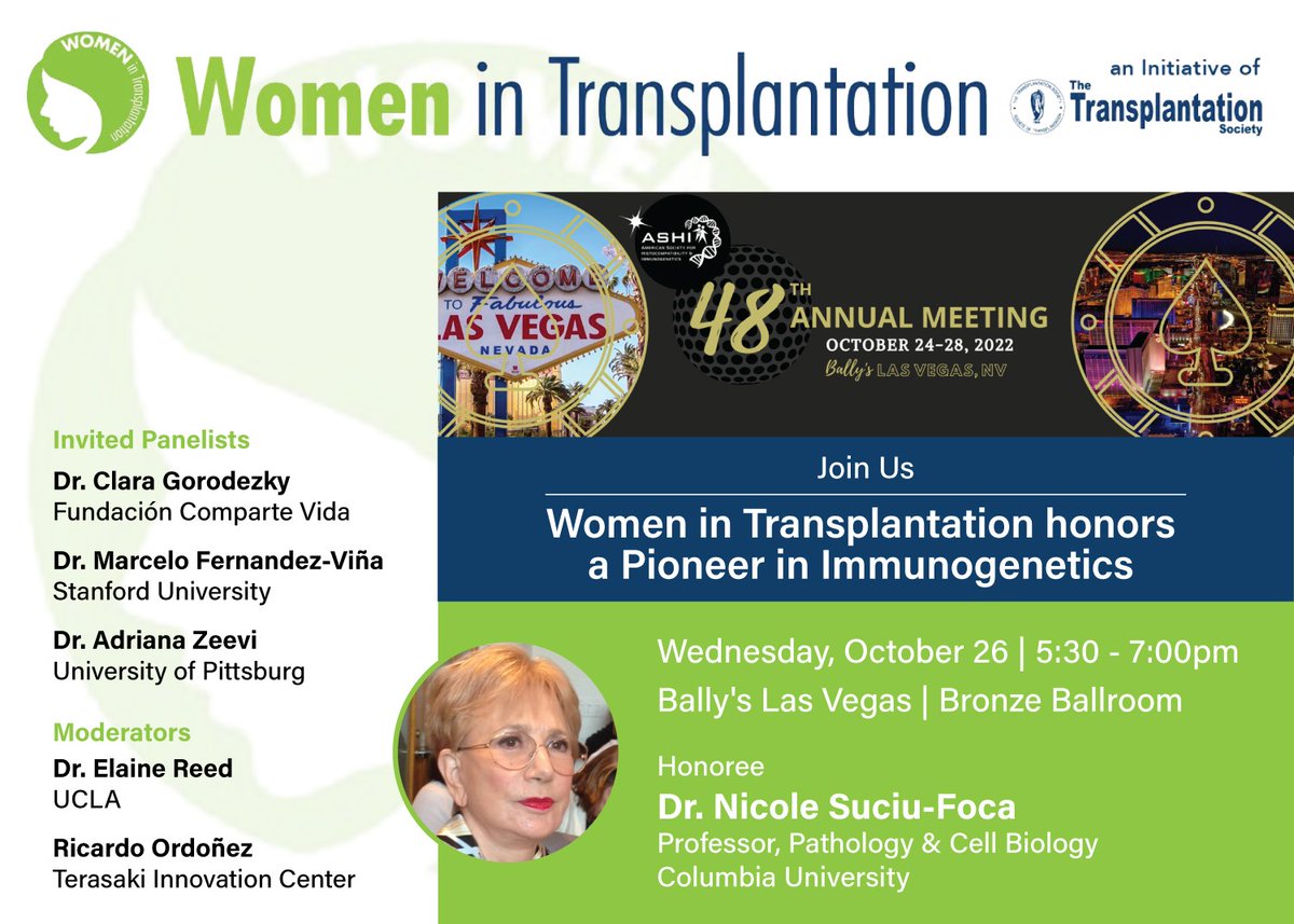 Are you #ASHI2022? Join WIT tomorrow as we honor and celebrate Dr. Nicole Suciu-Foca as the Pioneer in Immunogenetics! 🏆 👏 🗓️ Oct. 26 🕠 5:30-7:00 PM 👉 2022.ashi-hla.org @ASHIHQ #WomenInSTEM #WomenInMedicine