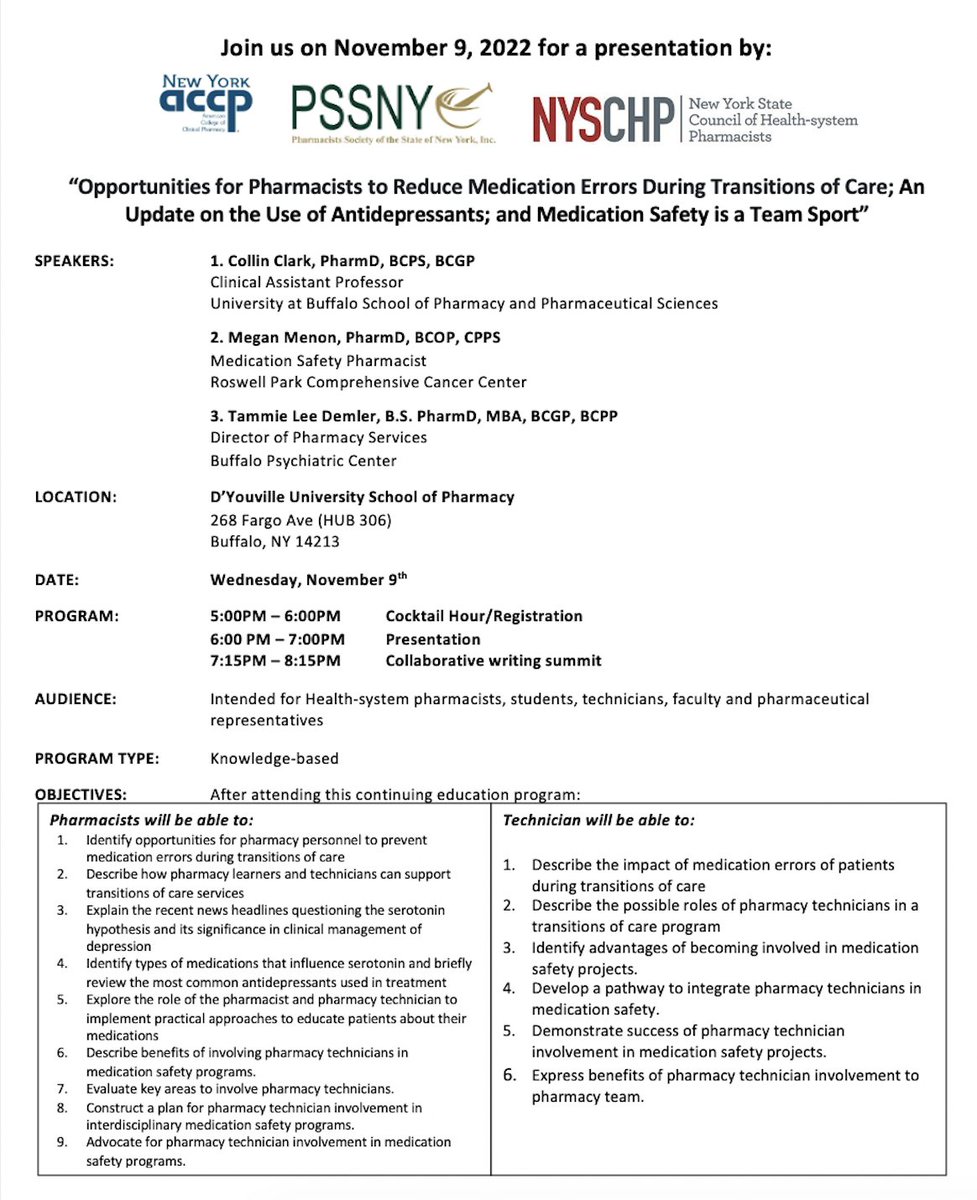 🚨 FREE CE ALERT! Free for members of PSSNY, NYSCHP, and NYS ACCP. CE will be followed by a discussion of the new technician regulations with the goal of developing a joint position statement on behalf of the organizations. Visit pawnyrx.org/continuing-edu… for more info!