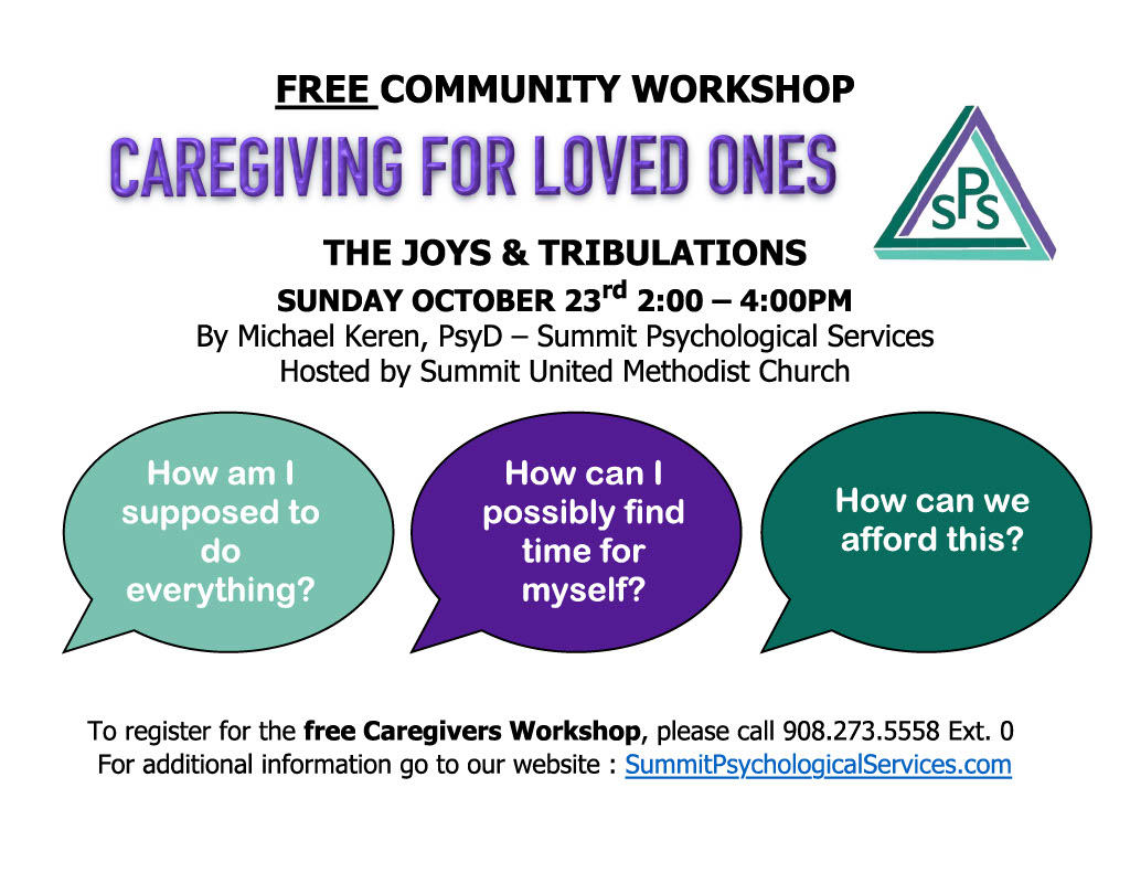 Free Community Workshop For Caregivers in preparation for #NFCMonth this Sunday, October 23rd at United Methodist Church of Summit from 2-4pm.   Dr. Michael Keren will be facilitator.  #Caregiving #caregivers  Open to all caregivers and those who anticipate being a caregiver.