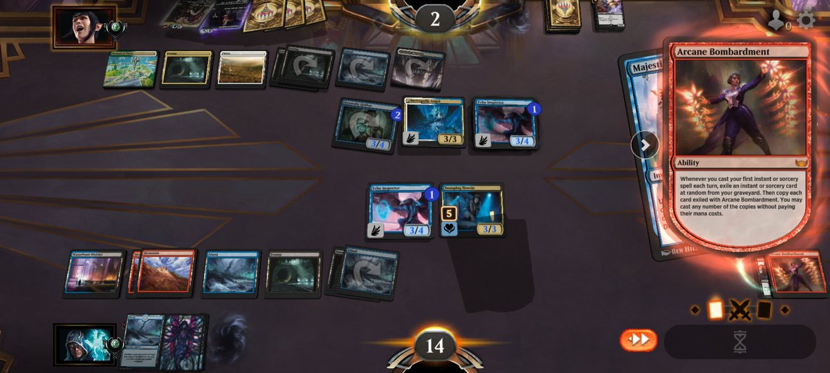 t3dy's tweet photo. Got one more trophy in just under the wire with a bucket list item that I never thought I'd pull off in #NewCapenna (Planeshifted or otherwise): going off with Arcane Bombardment. Thanks @lsv for the inspiration @fireshoes @limiteddecks @LetsLimited @skgilroy @TaJoordan @IckyMTG https://t.co/2x9GGh7TTf