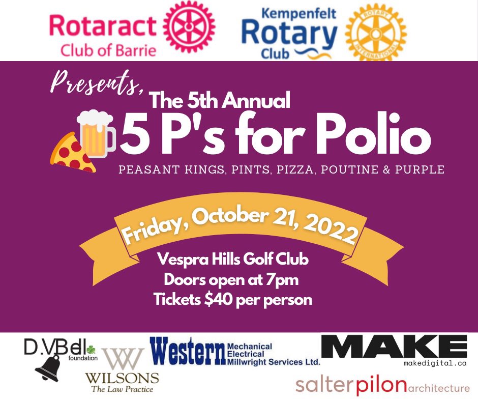 Tonight is the night! We can’t wait to see your purple outfits in support of 5 Ps for Polio! Another big thank you to our generous sponsors! We’re looking forward to a great evening! Doors open at 7pm #WorldPolioDay #endpolionow