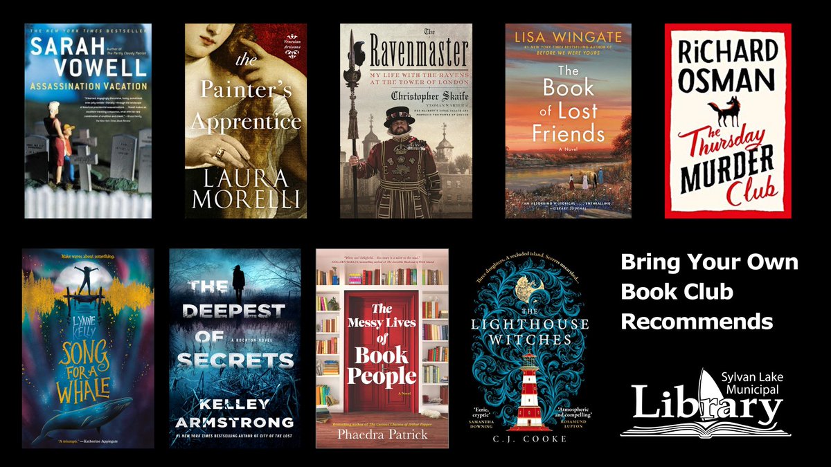 This month's Bring Your Own Book Club had fantastic recommendations. Check out what they've been reading here, and see past BYOB recommended reads here: sylvanlibrary.prl.ab.ca/services/bring…

<a href="/lauramorelliphd/">Laura Morelli</a> <a href="/LisaWingate/">LisaWingate</a> <a href="/richardosman/">Richard Osman</a> <a href="/LynneKelly/">Lynne Kelly 🐘🐳🪿🐙</a> <a href="/KelleyArmstrong/">Kelley Armstrong</a> <a href="/phaedrapatrick/">Phaedra Patrick</a> <a href="/CJessCooke/">C.J. Cooke</a>
