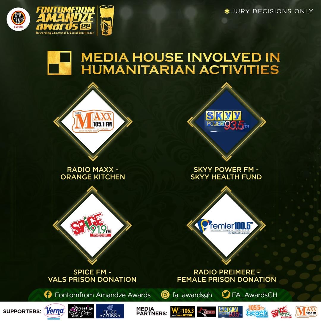 FontomfromE's tweet photo. And the nominees for “MEDIA HOUSE INVOLVED IN HUMANITARIAN ACTIVITIES” are: 

Radio Maxx 105.1FM ( ORANGE KITCHEN )

SKYY POWER 93.5 FM ( SKYY HEALTH FUND)

SPICE 91.9 FM ( VALS PRISON DONATION ) 

Radio Premier 100.5FM ( FEMALE PRISON DONATION) https://t.co/dauzN7IhAu