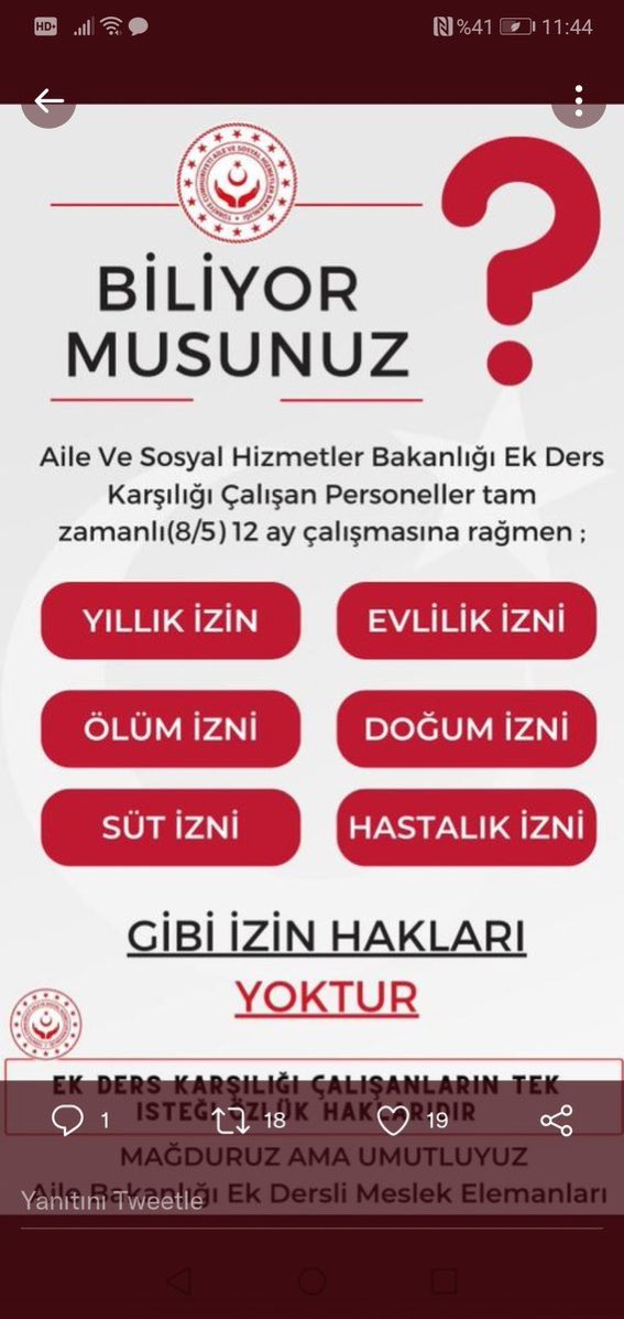 @Sosyologca81 @ABEPDERNEK <a href="/RTErdogan/">Recep Tayyip Erdoğan</a> <a href="/NumanKurtulmus/">Numan Kurtulmuş</a> <a href="/vedatbilgn/">Vedat Bilgin</a> <a href="/ssbsemihdurmus/">Semih Durmuş🇹🇷</a> <a href="/deryayanikashb/">Derya Yanık</a> <a href="/devletsert/">Devlet Sert</a> Aile Bakanlığına bağlı kurum ve kuruluşlarda 657 sayılı kanun 89Maddesi uyarınca 
ekders ücreti karşılığında çalışan tüm personeller Sözleşmeli personel statüsüne geçirilmesi elzemdir #AiledekiEkdersliyeSahipÇık
<a href="/RTErdogan/">Recep Tayyip Erdoğan</a> <a href="/vedatbilgn/">Vedat Bilgin</a> <a href="/ssbsemihdurmus/">Semih Durmuş🇹🇷</a>  <a href="/devletsert/">Devlet Sert</a> <a href="/deryayanikashb/">Derya Yanık</a>