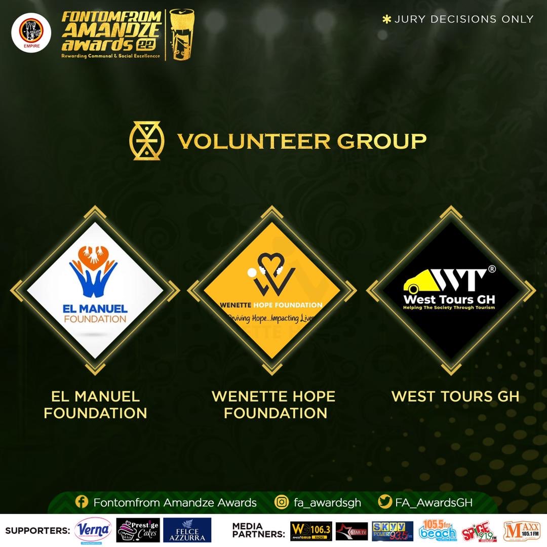 FontomfromE's tweet photo. And the nominees for “VOLUNTEER GROUP OF THE YEAR” are 

EL MANUEL FOUNDATION

WENETTE HOPE FOUNDATION

WEST TOURS GH

#fontomfromempire
#faa22 https://t.co/s0QB6a4TSL