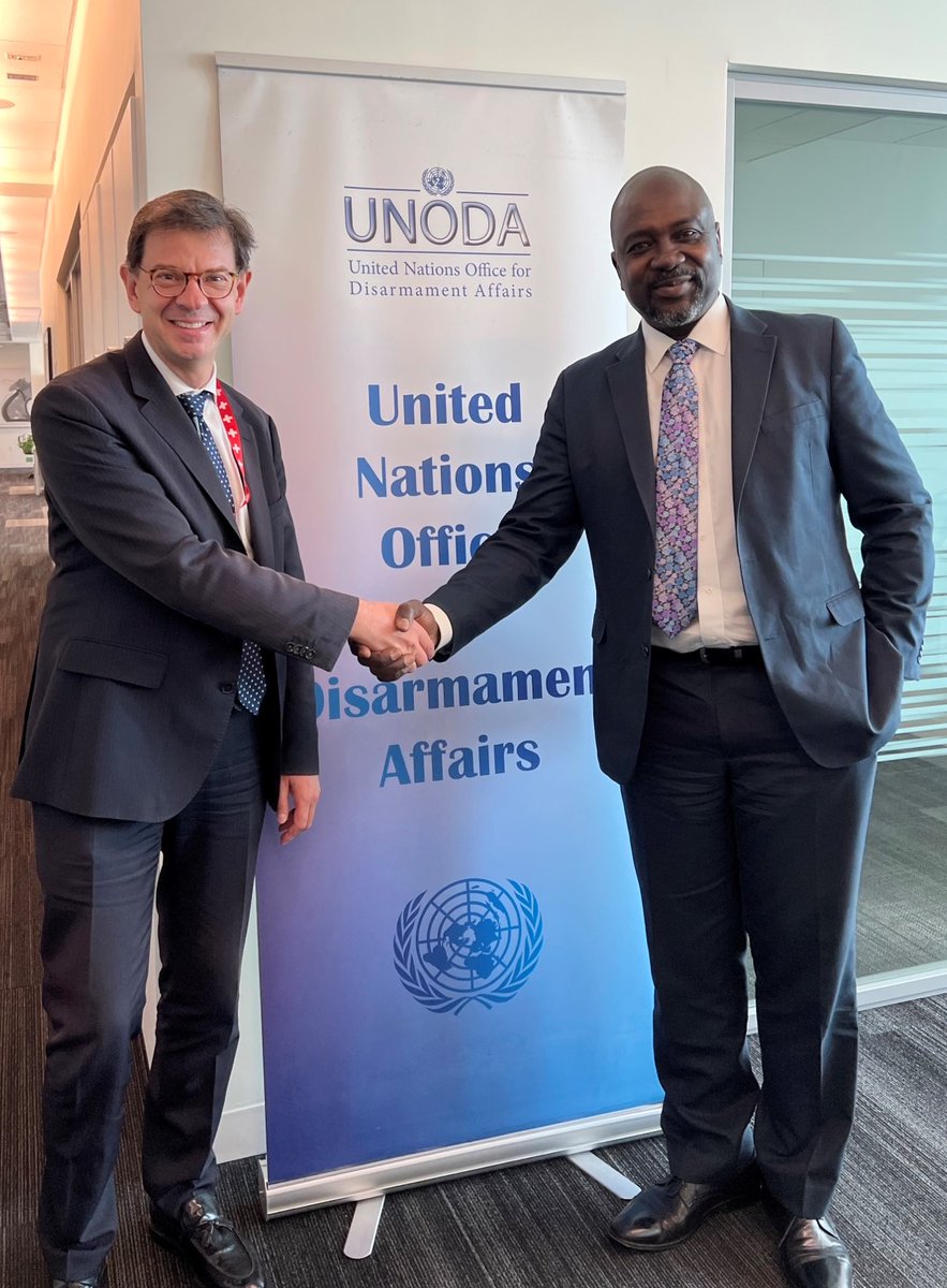 .@UN_Disarmament Director @AdedejiEbo and @swiss_un Ambassador Felix Baumann had a fruitful conversation on broad ranging #disarmament topics, including in the area of science and technology, and progress on the development of a New Agenda for Peace.