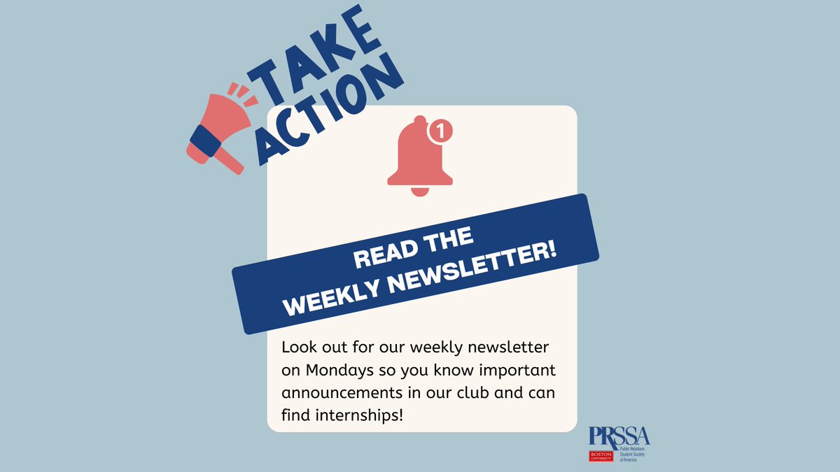 BUPRSSA's tweet image. Happy Friday! Be sure to check your email every Monday for our weekly newsletter, It has important information including room changes for meetings, internships, and more! If you are not receiving the newsletter please reach out! 💻📲