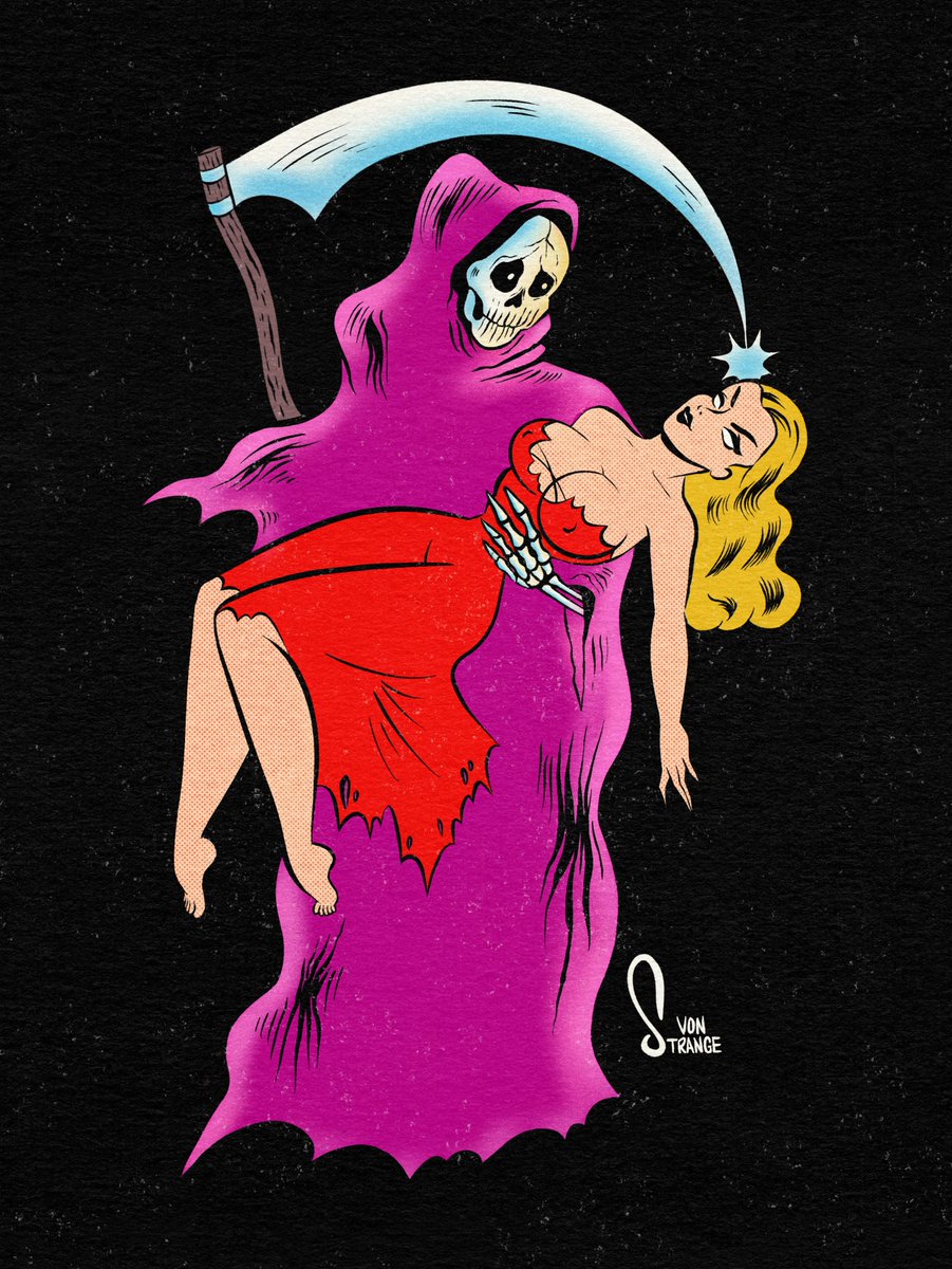 vonstrange_'s tweet photo. “Sweet lovely death” 💀🖤🥀 #retroart #comicart #pinupart #grimreaper #darkart #spooky #horror #halloween #vonstrangeart #spookyscaryskeletons https://t.co/YYTlUP72Me