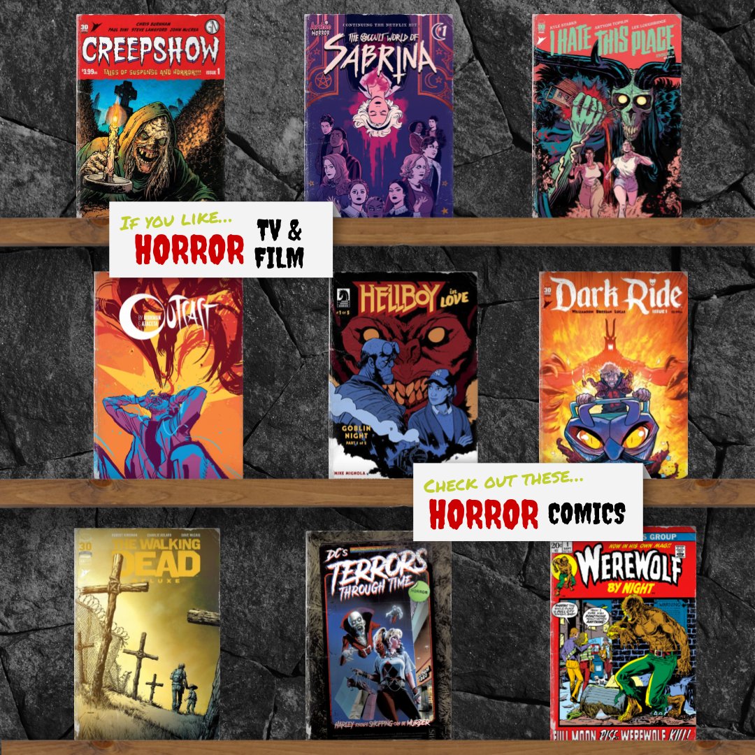 Looking to pack more frights into the Halloween season? We dare you to read these supernaturally sinister comics, haunting shelves of a comic shop near you! 🐺🧛🧟

See this page and others like it in our 2022 Horror Guide!⁠ bit.ly/HorrorGuide22

#horror #comics