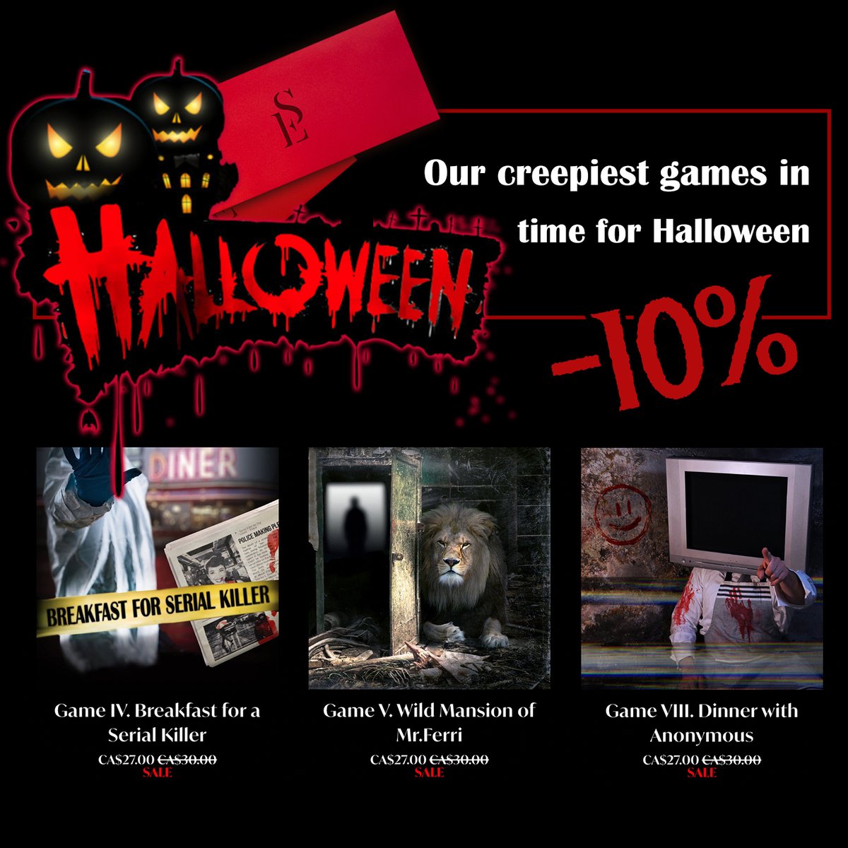 ScarletEnv's tweet photo. Last week of our HALLOWEEN SALE 🔥 Enjoy the lowest price EVER on three of our spookiest #escaperoom-at-home &amp; #murdermysteries 👉
https://t.co/ZfbTvNOuDB https://t.co/MfjKqGG1NI