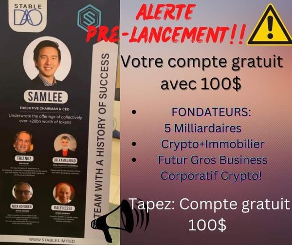 🚀🚀🚀🚀  PRE LANCEMENT  💥💥💥💥
-------------🚀🚀LIMITÉ Dans le Temps 💥💥
Comptes gratuits de 100 $ 
 Mélangez l'excitation de Crypto avec la sécurité de l'immobilier.
*  lancement officiel dans 2 semaines.Soutenu par la CITIBANK ! 
stable.limited/register/?r=ba…