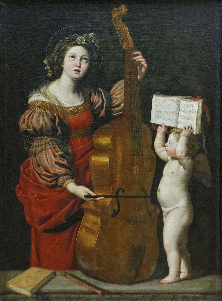 Saint Cecilia playing the viol, aided by v. cute living music stand, 1617. By Domenichino, born on this day 1581, in Bologna.