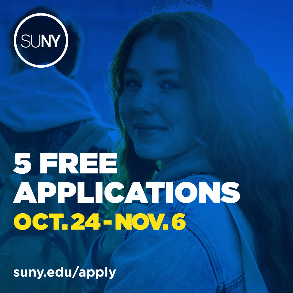 Your future starts next week when an application to #SUNY will cost you nothing. From October 24 through November 6 you can apply to five SUNY schools for no cost. Learn more at suny.edu/apply.