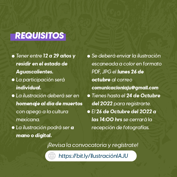 𝐏𝐫𝐞𝐦𝐢𝐚𝐦𝐨𝐬 𝐭𝐮 𝐜𝐫𝐞𝐚𝐭𝐢𝐯𝐢𝐝𝐚𝐝 𝐲 𝐭𝐚𝐥𝐞𝐧𝐭𝐨 𝐚 𝐭𝐫𝐚𝐯𝐞́𝐬 𝐝𝐞𝐥 𝐜𝐨𝐧𝐜𝐮𝐫𝐬𝐨 𝐝𝐞 𝐢𝐥𝐮𝐬𝐭𝐫𝐚𝐜𝐢𝐨́𝐧 ✍🏽💀
Desarrolla una obra que comunique lo que es el Día de Muertos en nuestra cultura.😁
Convocatoria y registro en linktr.ee/iajuags