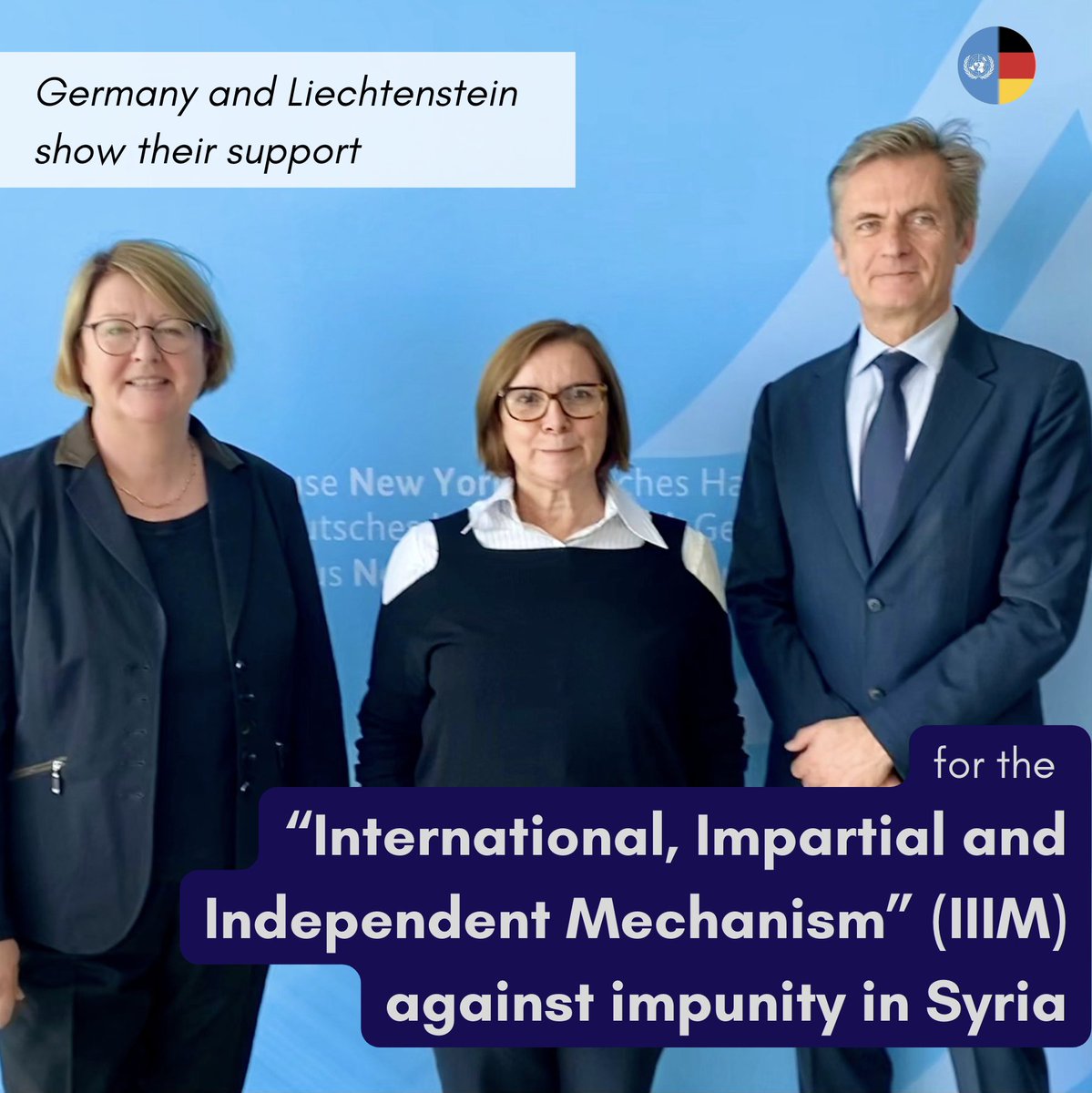 Accountability is the least that can be done for victims and survivors in Syria. 🇩🇪Amb. Leendertse & 🇱🇮Amb.Wenaweser invited delegations to exchange with #IIIM head Catherine Marchi-Uhel and discuss investigation & prosecution of int'l law crimes in #Syria.