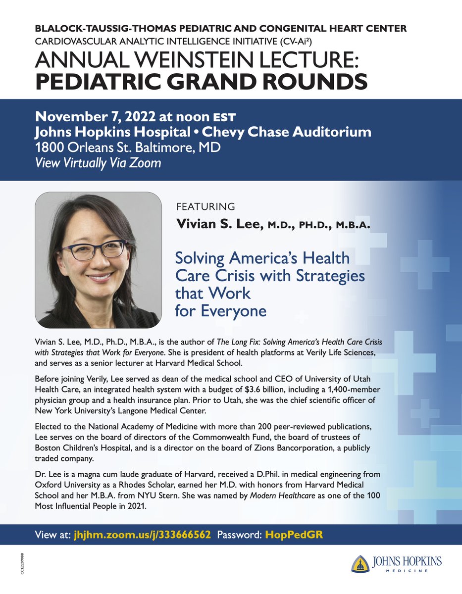 Join Grand Rounds Monday, Nov. 7 noon EST, for our Heart Center annual Weinstein lecture featuring @vivianleemd. In person at @HopkinsMedicine Chevy Chase auditorium. Also streamed live (zoom link in flyer) #digitalhealth #FOAMed #mhealth #MedTwitter #HealthTalk #CardioTwitter