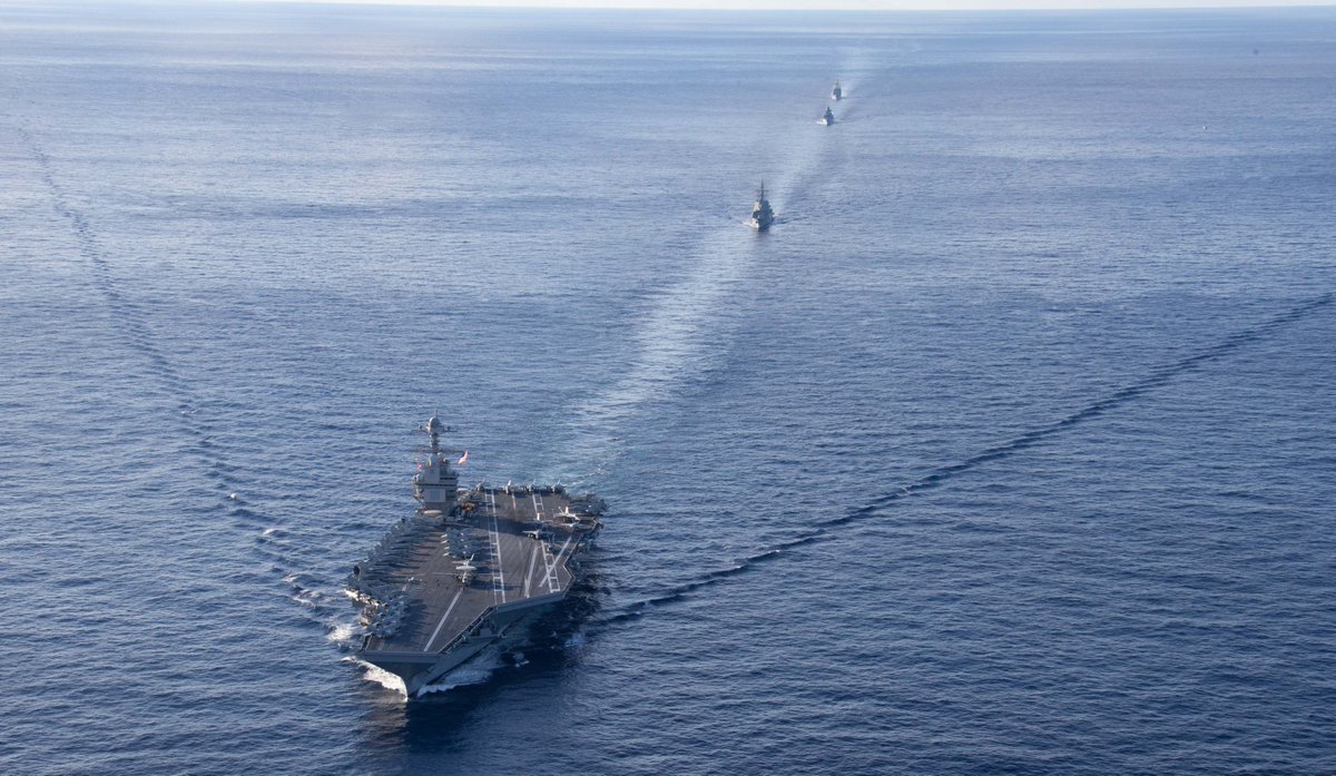#Warship78 and USS Normandy steamed in formation in the #Atlantic Ocean with #NATO allies from Spain and Germany. #Together they make up the Gerald R. Ford Strike Group! #StrongerTogether @USNavy @deutschemarine @SpainNATO