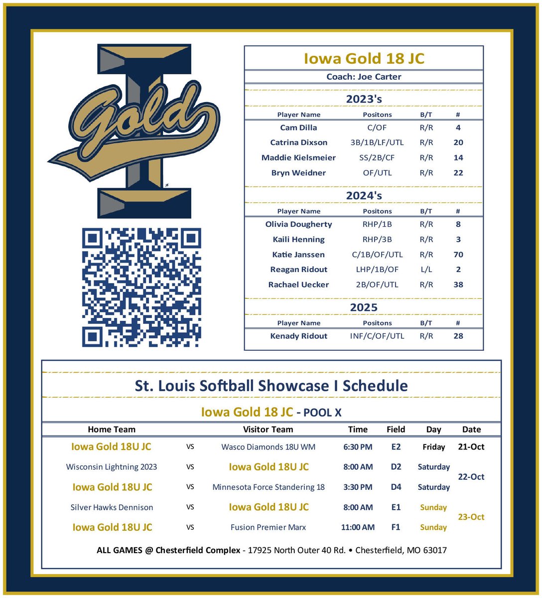 <a href="/Iowa_Gold/">Iowa Gold</a> starts play at 6:30 tonight at the #StLouisShowcase1. A few 2023's and a strong list of 2024's that have a love for the game and are just looking for a future place to call home! #playwithpassion
