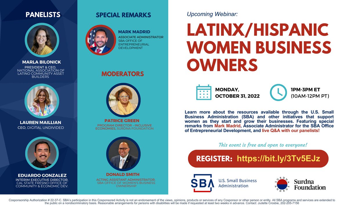 📢Speakers announced! Our upcoming webinar w/ <a href="/SBAgov/">SBA</a> on 10/31 @ 1PM EST features @NALCAB’s @MarlaBilonick <a href="/digundiv/">digitalundivided</a>’s <a href="/LaurenMaillian/">Lauren Maillian</a> &amp; <a href="/OCED_FS/">Office of Community and Economic Development</a>’s Eduardo Gonzalez with Surdna’s <a href="/patrice_r_green/">Patrice R Green</a> &amp; <a href="/SBAgov/">SBA</a>’s <a href="/SBAMarkMadrid/">Mark L Madrid</a> &amp; Donald Smith

Register now: eventbrite.com/e/supporting-h…