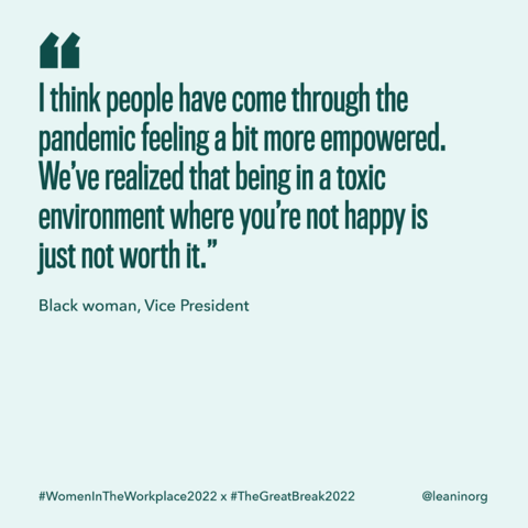 LeanInOrg's tweet photo. #TheGreatBreak2022 shows that women leaders want a better work culture. They are more likely than men leaders to leave their jobs because they want more flexibility or because they want to work for a company that is committed to employee well-being &amp; #DEI. https://t.co/tqEfnfrRak https://t.co/aKKWYqO3di