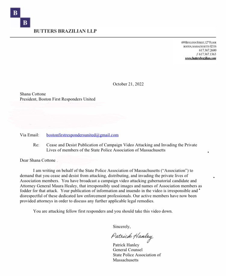 BostonFRU's tweet photo. Received this intimidating letter from the same people who failed to protect hardworking MA State Troopers from vax mandates. Now it looks like they’re trying to protect someone else &amp; once again it ain’t the troopers @marcorandazza https://t.co/ToH3UG9edQ
