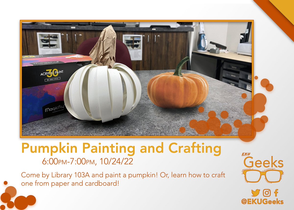 EKUGEEKS's tweet photo. Our Monday Makerspace event is pumpkin painting and crafting! Come by library 103A from 6-7pm on October 24th!
#EKUGeeks #eku #crafting #painting #halloween https://t.co/x01qhHJ45X