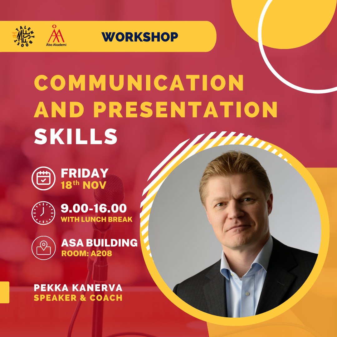 Do you want some tips on how to become more confident when speaking? Join us at the workshop organised by <a href="/Talentboost_fse/">Talent Boost FSE</a> at <a href="/AboAkademi/">Åbo Akademi University</a> with <a href="/pekkakanerva/">Pekka Kanerva</a>, an award-winning international public speaker.
