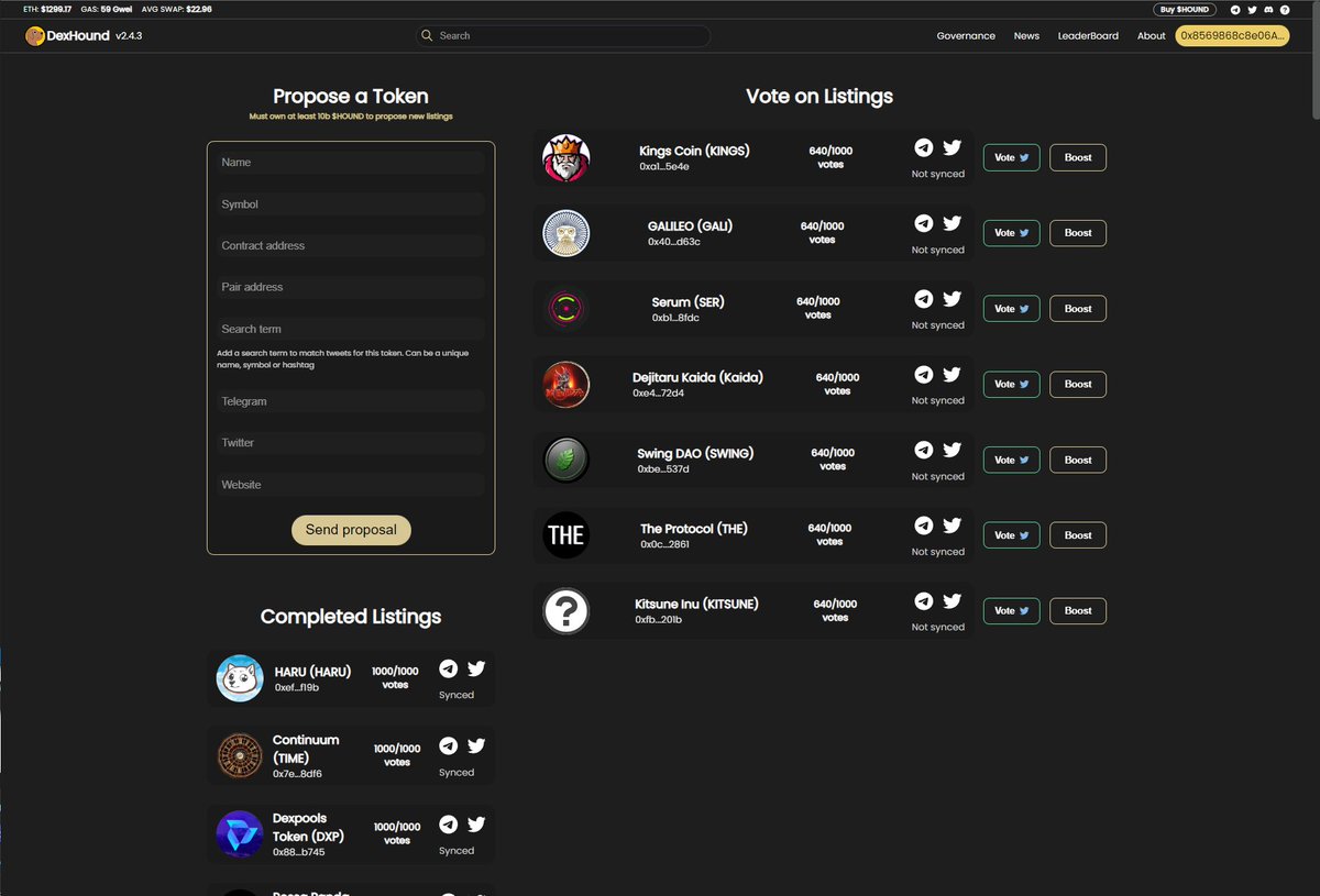 dexhoundcom's tweet photo. https://t.co/oDxcNyg5kN version 2.4.3 has been released!

Boost any coin with $HOUND tokens to get higher on the page!

- Votes now control position on home page
- Governance page style update
- Home page style update 

$HOUND tokens give you all the power now! https://t.co/QLpy1m7ppK