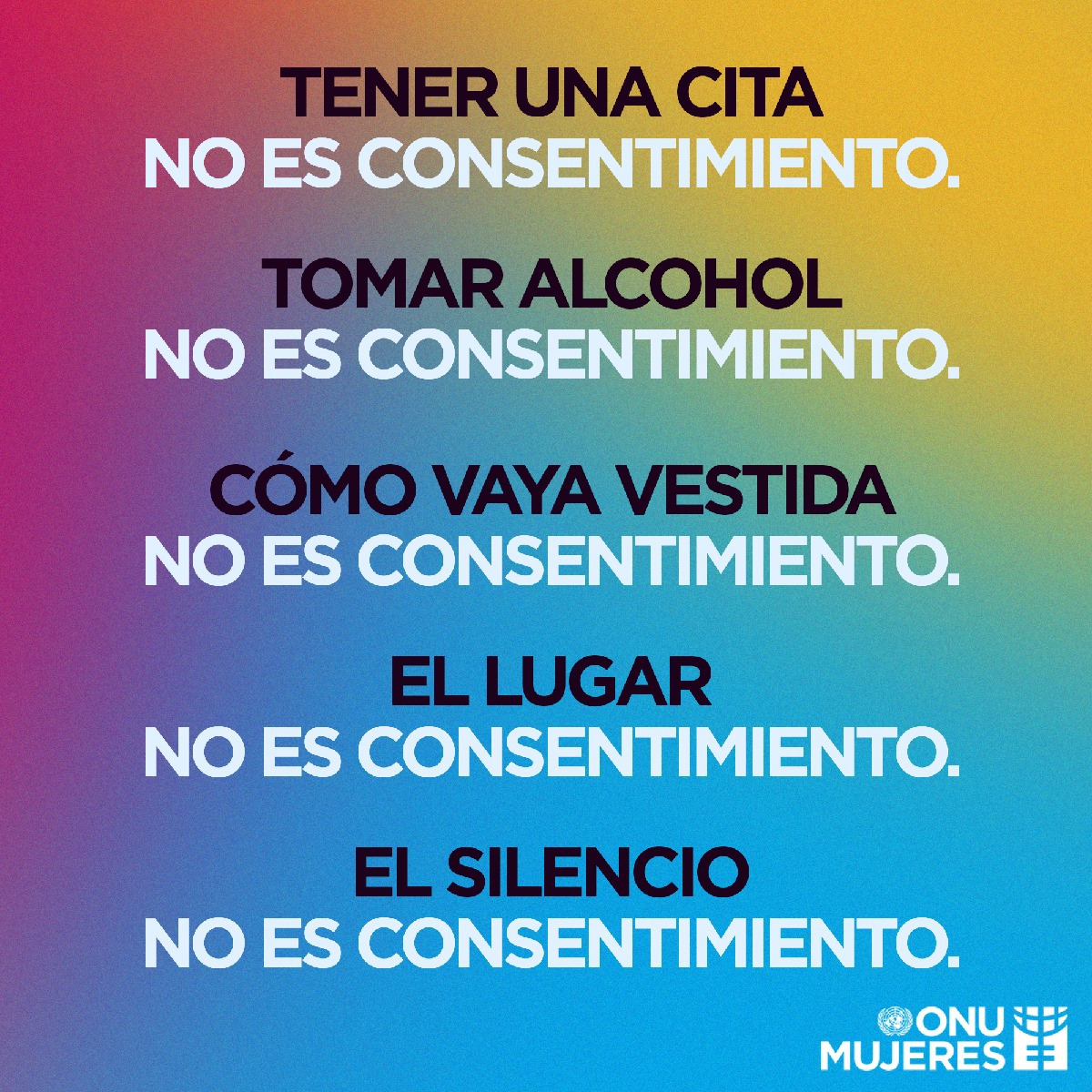 Nada justifica la violencia de ningún tipo. 
No hay límites difusos cuando se trata del consentimiento. 
NO es NO.

@onumujeres te muestra cómo puedes combatir la cultura tóxica de violencia contra la mujer: unwo.men/yGce30pUgav