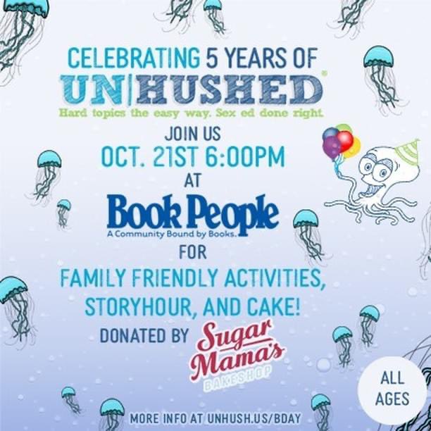 _unhushed's tweet photo. Join us tonight at @BookPeople for cake from Sugar Mama’s Bake Shop, story hour with @jessica_smarr, anonymous Q’s with @karenrayne, and more!
#unhushed #hardtopicstheeasyway #sexeddoneright https://t.co/aMeInbstcG