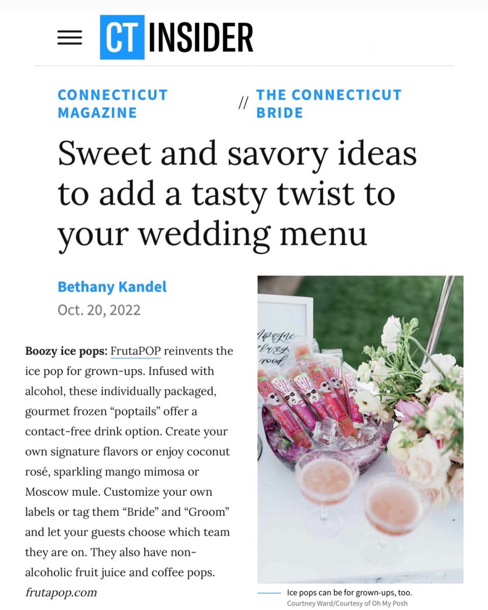 FrutaPOP (@fruta_pop) on Twitter photo The Fall/Winter issue of The Connecticut Bride is out! And our boozy ice pops + custom boozy ice pops are featured: sweet ideas to add a tasty twist to your wedding menu! <a href="/insider_ct/">CT Insider</a> #weddings #wedding The Fall/Winter issue of The Connecticut Bride is out! And our boozy ice pops + custom boozy ice pops are featured: sweet ideas to add a tasty twist to your wedding menu! <a href="/insider_ct/">CT Insider</a> #weddings #wedding