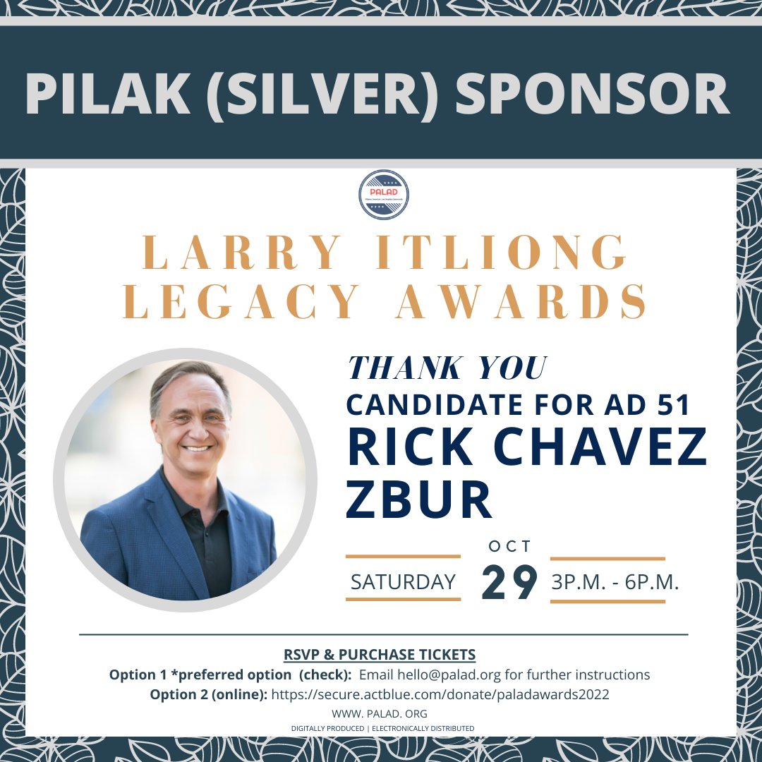 PilipinoDems's tweet photo. Thank you, @RickChavezZbur for sponsoring PALAD at the Pilak (Silver) level! Join us on Saturday, October 29th for our 2022 Larry Itliong Legacy Awards! Become a sponsor and purchase tickets to attend at https://t.co/tzdp0iVQ5b
#FAHM2022 #LarryItliong #PALAD https://t.co/QUvkrcY9KD