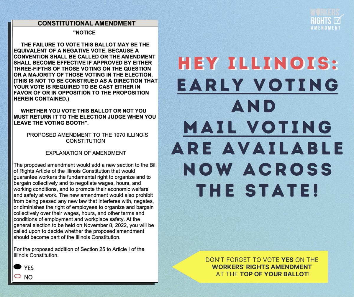 ILWorkersRights's tweet image. Early voting has now expanded across Illinois! Don't wait — vote YES for the Workers' Rights Amendment today!

#VoteYesForWorkersRights
