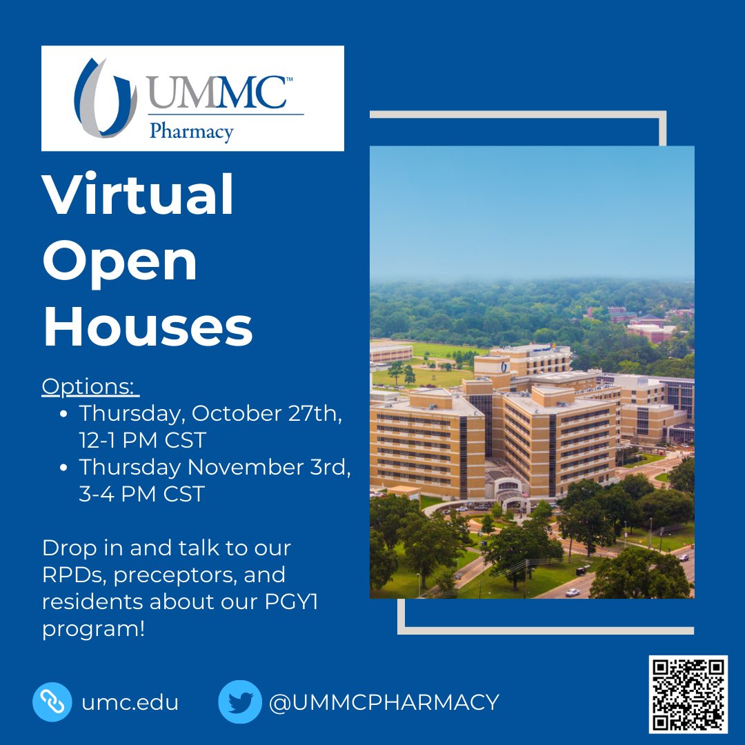 📣 PGY-1 residency applicants, join us for a virtual open house Thursday, October 27th or Thursday, November 3rd to learn more about our PGY-1 program + talk to some of our preceptors and current residents! 

Use the QR code or link in our bio to sign up. See you there!
