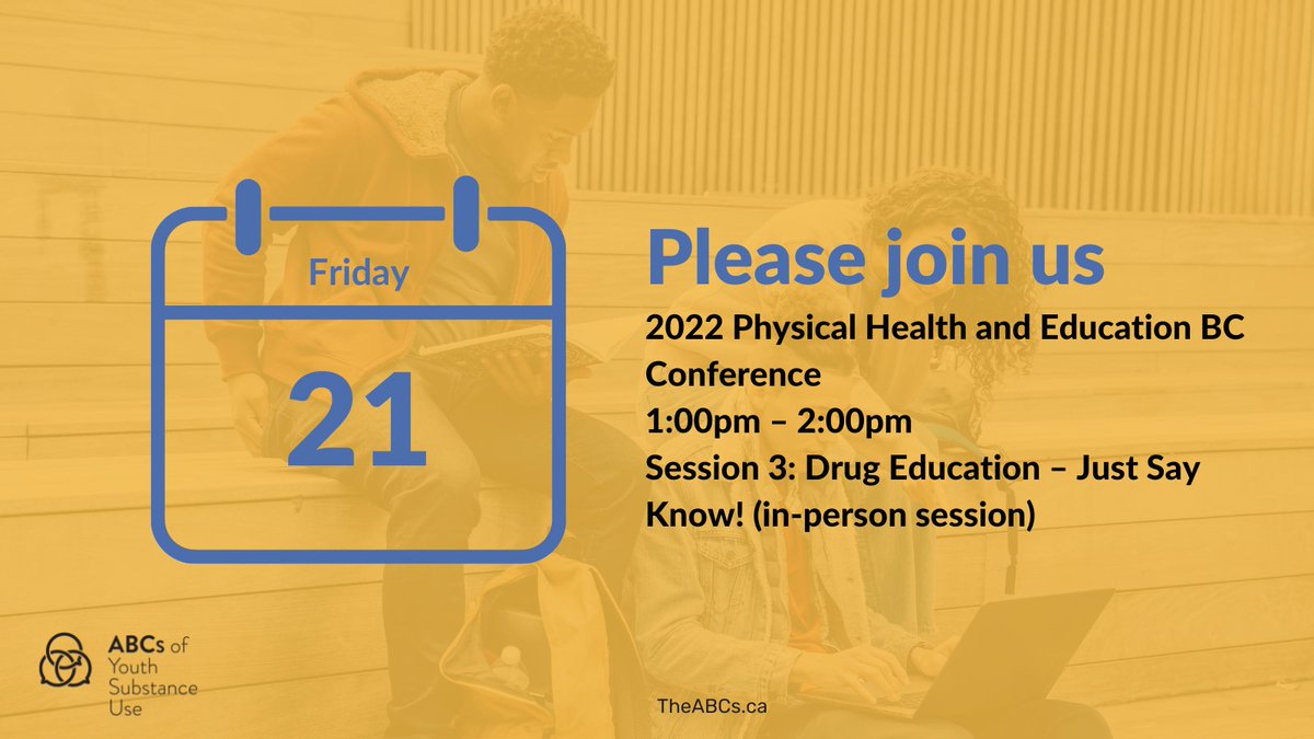 ABCsofYSU's tweet photo. 15 minutes until the @PHEinBC 2022 Physical Health and Education BC Conference, Session 3: Drug Education – Just Say Know! (in-person session). Register at https://t.co/hO2lJd0P7r 

#youth #bced #event #healthcare #substanceuse https://t.co/cyh4oi2RBi