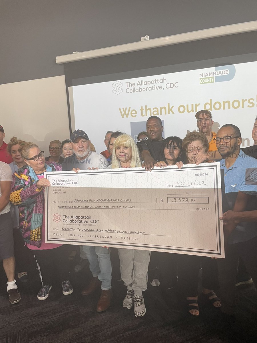 Our team lead by <a href="/MayorDaniella/">Daniella Levine Cava</a> was able to assist the Tropicana Flea Market  when a fire destroyed most of there businesses. This was a true community effort thank you <a href="/WellsFargo/">Wells Fargo</a> <a href="/jpmorgan/">J.P. Morgan</a> <a href="/MiamiFoundation/">The Miami Foundation</a> @allapattahcdc