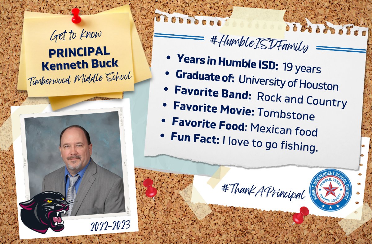 🌟𝐍𝐚𝐭𝐢𝐨𝐧𝐚𝐥 𝐏𝐫𝐢𝐧𝐜𝐢𝐩𝐚𝐥𝐬 𝐌𝐨𝐧𝐭𝐡🌟
Get to know Principal Ken Buck who has served the #HumbleISDFamily for 19 years! 🤩 Thank you Mr. Buck for your service to the students, staff &amp; community of <a href="/HumbleISD_TMS/">Timberwood Middle</a>! #PantherPride #ThankAPrincipal