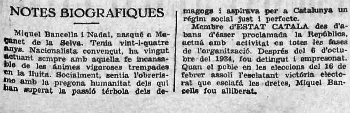 MIC_Catalunya's tweet photo. El 21 d'octubre de 1936 és enterrat el militant d'Estat Català, Miquel Bancells i Nadal. Va ser assassinat el 19 d'octubre per una "Patrulla" anarquista, el seu cadàver va ser trobat al costat del Tibidabo. https://t.co/lug8N0fNcp