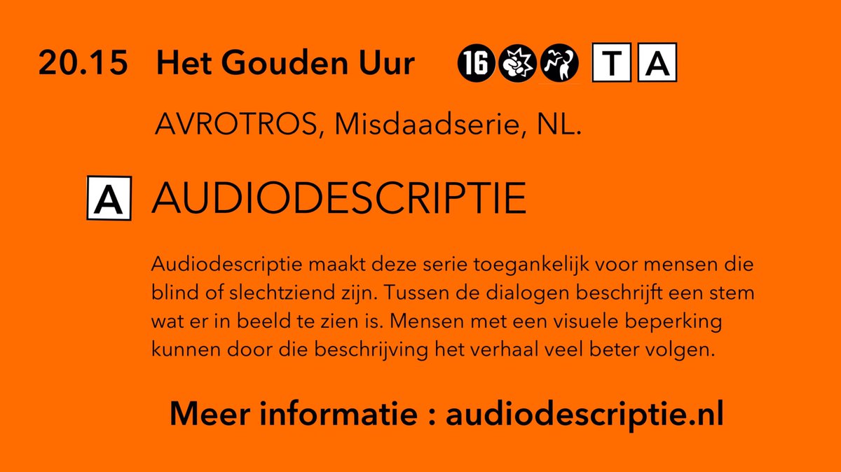 audiodescriptie's tweet image. De komen weken kunnen ook blinder en slechtzienden genieten van de nieuwe 6-delige serie Het Gouden Uur. 

Vanaf 23-10 is deze misdaadserie van @AVROTROS iedere zondag om 20.15 te zien op @NPO3  

De #Audiodescriptie is beschikbaar via @EARCATCH 

#HetGoudenUur 
#KijkMeeMetAD