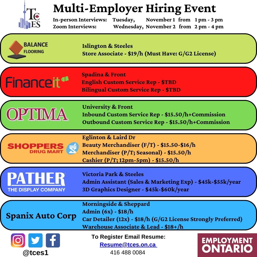 TCES1's tweet image. Looking for a #job ?
#TCES is hosting an 2-day #JobFair with multiple employers on Nov 1-2
To attend, please register at ow.ly/gAHn50Li4re
#tces #toronto #torontojobs #employment #torontoemployment #findjobs #markhamjobs #torontojobsearch #jobsearch #scarboroughjobs