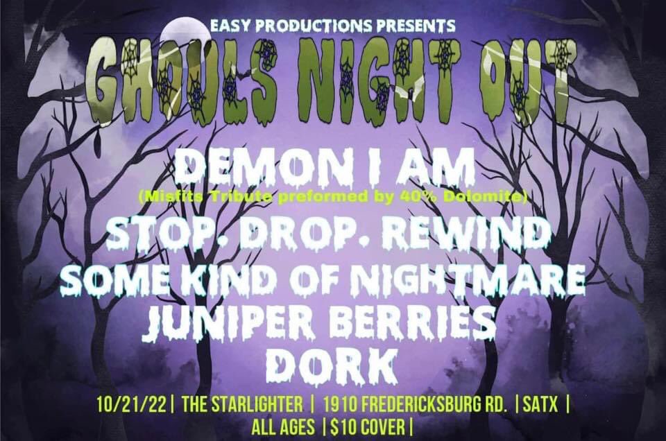 San Antonio, we’ll be inside you tonight! Hang with us and <a href="/40percentDolo/">40% Dolomite</a>, who are being the Misfits for Halloween! Should be quite the spooky evening.

The Starlighter.
7pm.
$10.
Come buy some merch so we don’t have to stay in Texas forever.